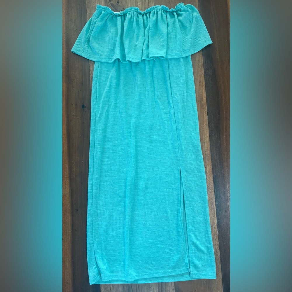 O’Neill Kole Strapless Ruffle Top Midi Dress Swim Cover Small Teal Seafoam Beach